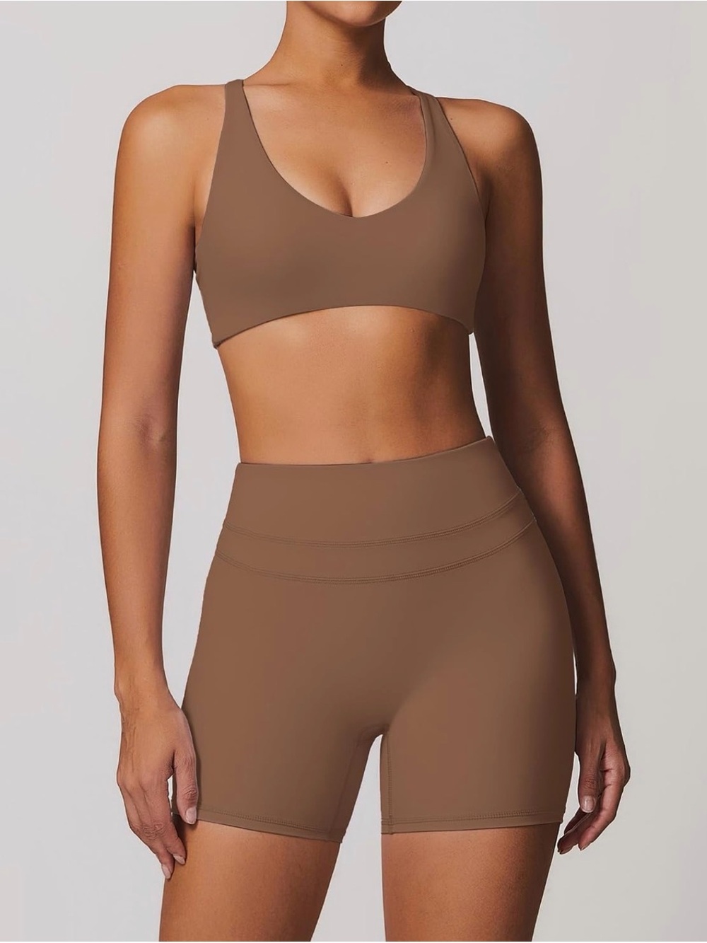 Seamless High-Waist Brown Sports Bra & Shorts Set